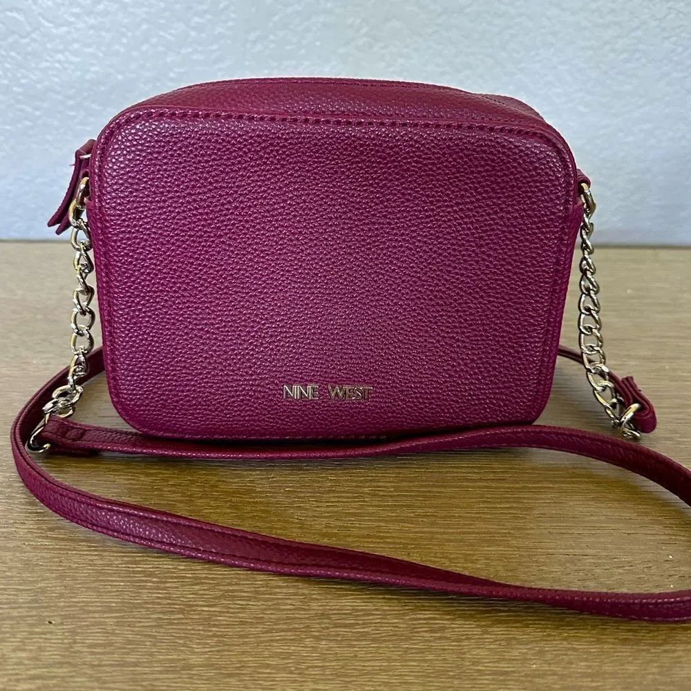 Nine West Maroon Red Silver Chain Crossbody Purse Bag